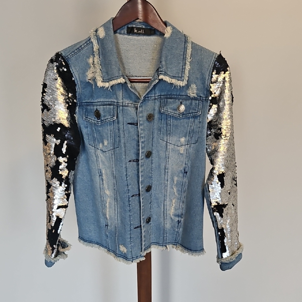 K.zell Denim Jacket with Sequin Sleeves Womens Size 2